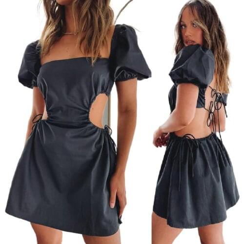 Instylish Sexy Cut-up Backless Mini Dress Elegant Puff Sleeve Square Neck Lace Up Bandage Dress Y2K Solid A Line Dress Casual