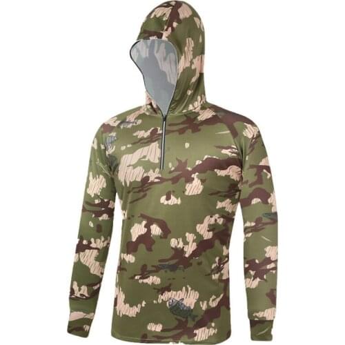 Mens Camouflage Fishing Clothing Hooded Anti-UV Breathable Sun Protection Long Sleeve Shirt Clothes for Fishing Outdoor Sports