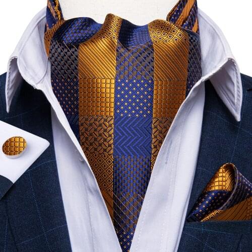 Fashion Vintage 100%Silk Men Ascot Tie Gold Blue Check Wedding Party Necktie Cravat Pocket Square Cufflinks 3pcs Set DiBanGu