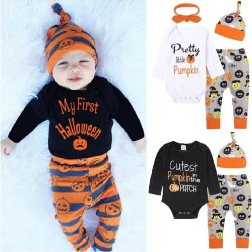 My First Halloween Newborn Clothes Suits Baby Boy Jumpsuit Infant Bodysuit Trouser Hat Pumpkin Costumes Outfits Girls Dress Tops