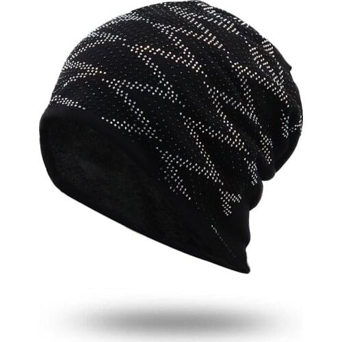 New Womens Round Silver Sequins Beanie Hat Spring Black Cotton Slouchy Hats Beanie For Girl Skullies Balaclava Bonnet
