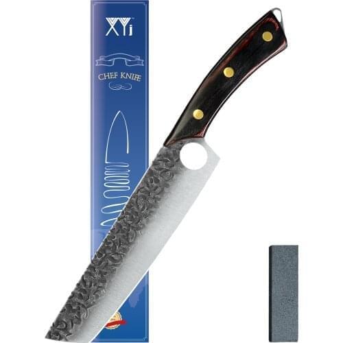 XYJ 8.5 Inch Full Tang Hammer Finish Japanese Chef Knife Kiritsuke Gyuto Meat Vegetable Fish Slicing Knives With Whetstone