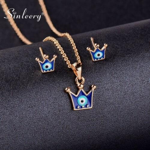 SINLEERY Elephant Crown Heart Blue Eyes Choker Necklace Yellow Gold Color Chain Necklace Stud Earring Sets Jewelry TZ036 SSA