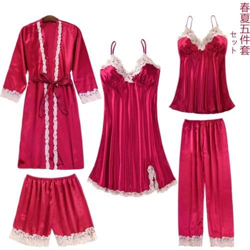 FZSLCYIYI 5 Color Women Lace Trim Pajamas 5/4/3/2Pcs Satin Sleepwear Silk Homewear Sleep Lounge Pyjama With Chest Pads