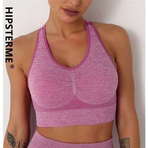 Hipsterme Seamless Yoga Bras Women Gym Sport Vest Workout Wirefree Medium Support Padded Sexy Deep V Cross Yoga Top