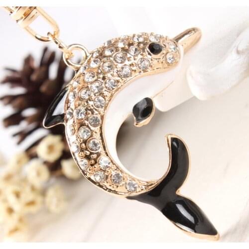 Gold Dolphin Porpoise Lovely Fashion Crystal Charm Purse Handbag Car Key Keyring Chain Party Wedding Birthday Gift