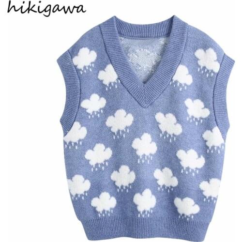 Hikigawa Sweater Vest Gilet Autumn High Street Fashion Loose Casual Gilet V Neck Sleeveless Jacquard Knitted Colete Feminino