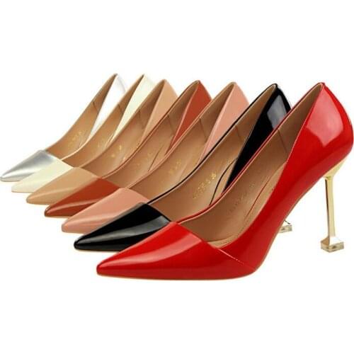 Women pumps Elegant pointed toe patent leather office lady Shoes Spring Summer Gold High heels Wedding Bridal Shoes woman