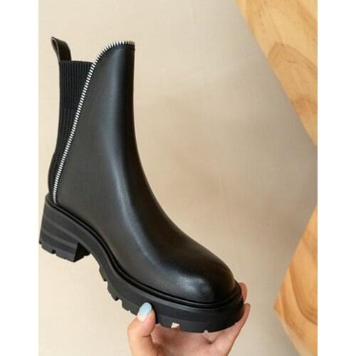 New Fall Shoes Genuine Leather Women Shoes Round Toe Chunky Boots 2021 Winter Boots Women Solid Thick Heel Short Boots for Women