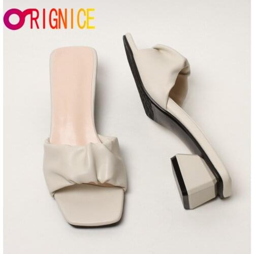 Orignice Fashion Brand Elegant Pleated Square Head Peep Toe Thick Heel Slippers Women Slip On Sandals Outdoor Slides Summer