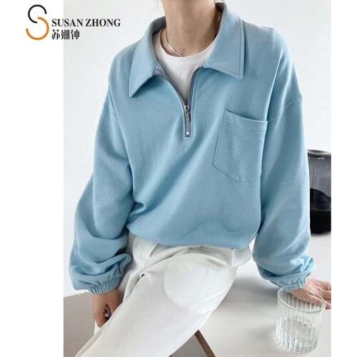 Women Hoodies Autumn Female Sweatshirts Fall Lady Tops Elegant Cozy Cotton Loose Polo Collar Zipper Pocket Frill Lantern Sleeve