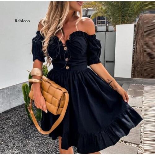 Ladies Off Shoulder V Neck Button Design Mini Dress Short Sleeve Lace-Up A-Line Ruffles Black Dress