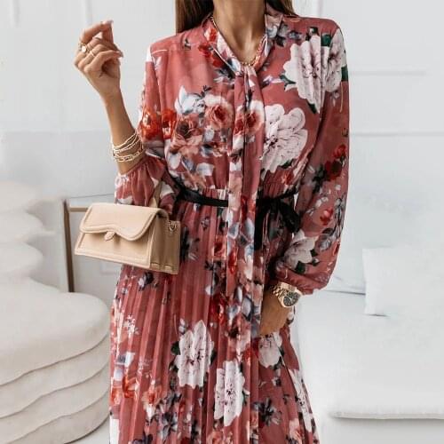 Womens Autumn Chiffon Dresses Fashion Print O Neck Lace Up Elastic Waist Bandage Casual Ladies Long Sleeve Pleated Dress 2021