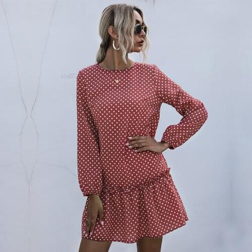 Woman Dresses Female Clothing Office Lady Urban Wave Point Vintage Printing Autumn Round Neck Short Skirt Ear Edge Womens Dress