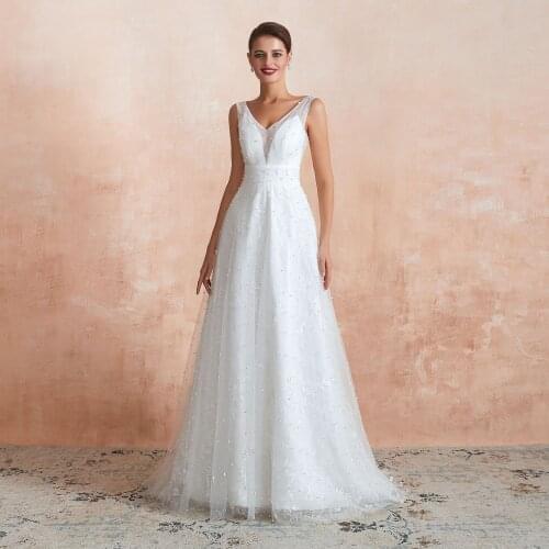 2020 Wedding Dresses Elegant A Line Wedding Gowns V Neck Sleeveless Bridal Dresses Pearl Robe De Mariee