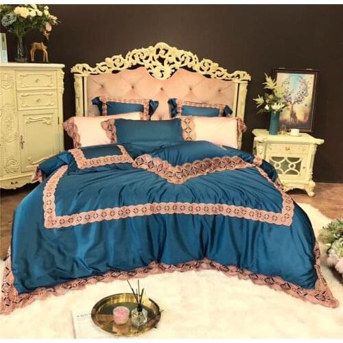 1000TC princess bed lace lotus leaf edge Egyptian velvet quilt cover Blue Pink romantic bedding sheet pillow cover