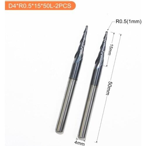 Free shipping-2PCS,R0.5*D4*15*50L,HRC55 Tungsten solid carbide TiALN Coated Tapered Ball Nose End Mills,taper and cone Bits,Wood