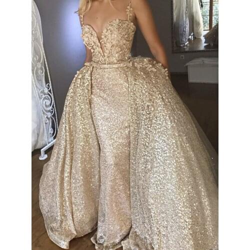 Shiny Abiye Gold Mermaid evening Dresses With Puffy Detachable Train Sequin Lace Party Gown Sweetheart Saudi Arabia Abendkleider