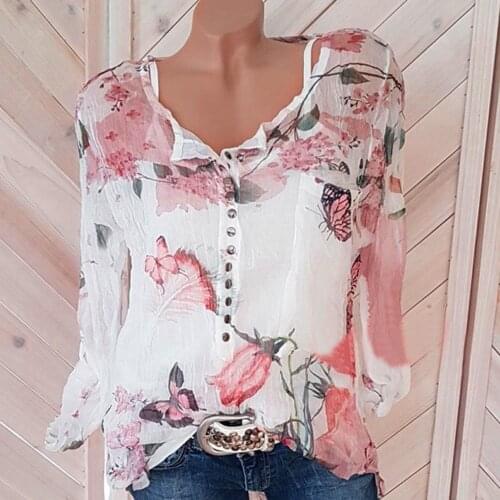 5xl Plus Size Chiffon Shirt Women Floral Print Summer Blouse V-neck Button Casual Short Sleeve Top Womens Blouse Блузка Женская