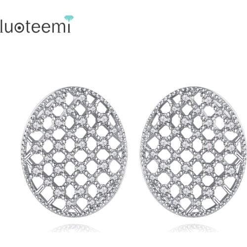LUOTEEMI Trendy Oval Shape Hollowed Crooked Stud Earrings for Women Girls Wedding Dating with CZ Fashion Jewelry Christmas Gift