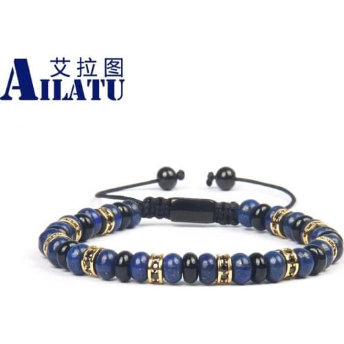 New Natural Black Onyx & Lapis Flatbead Beaded Macrame Bracelet 6mm Black Cz Spacer Beads Men Fashion Jewelry