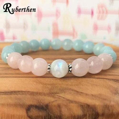 Ruberthen Aqua marine Rose Quartzs Bracelet Natural Moonstone Wrist Mala Crown Chakra Crystals Heart Chakra Yoga Bracelet