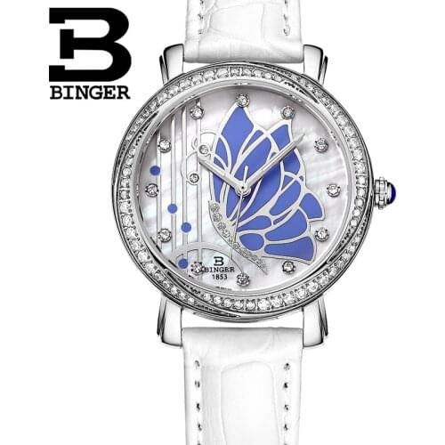 BINGER Butterfly Big Dial Fashion Design Female Relogio Watch Diamond Wristwatches Luxury Quartz Women Leather Watches B-3019L
