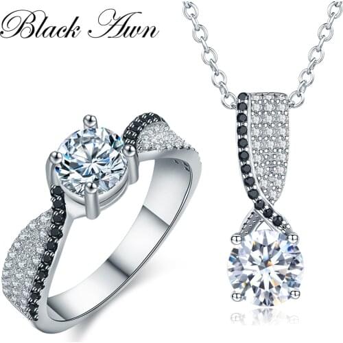 [BLACK AWN] 925 Sterling Silver Fine Jewelry Sets Trendy Engagement Sets Ring+Necklace for Women PR013