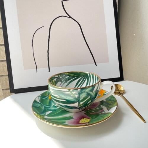 Bone China Porcelain Rainforest Coffee Cup and Saucer Gold Rim Nordic Tableware Personalized Tea Cup With Dish For Wedding Party
