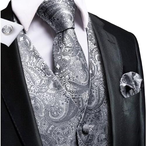 Hi-Tie Fashion Paisley Mens Vest Suit Grey 100% Silk Woven High Quality Solid Waistcoat Vest for Men Pocket Hanky Cufflinks Set