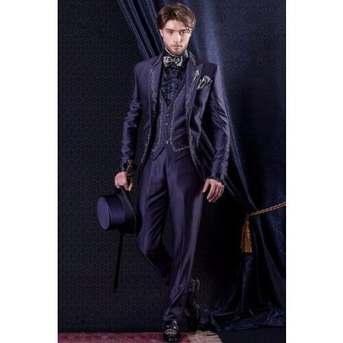 Custom Made Purple Satin Wedding Mens Suits 3 Pieces New Fashion Tuxedos Mandarin Lapel Prom Latest Design Slim Blazer