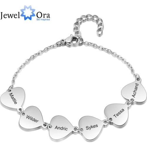 JewelOra Personalized Engraving 6 Names Heart Charm Bracelet Stainless Steel Customized Family Bracelets Gifts for Grandmother