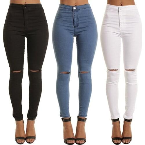 2021 HOT Spring Autumn Womens jeans Europe and America style Ripped jeans Pencil Pants Tights Solid jeans All-match fashion