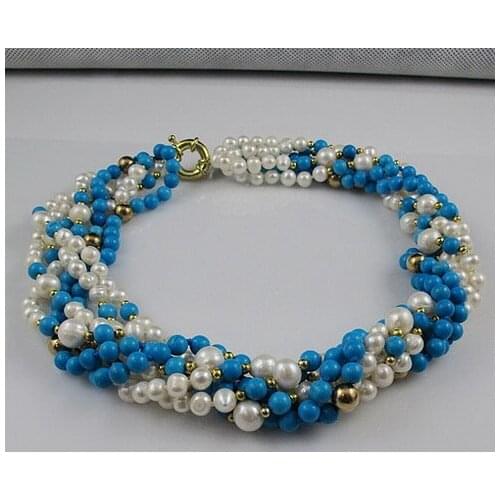 Unique Pearls jewellery Store,6rows Round Blue Turquoises White Freshwater Pearl Necklace,Charming Women Gift Jewelry