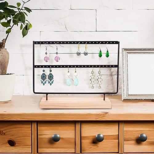 Metal 2-layer Hole Design Earrings Ear Studs Organizer Jewelry Display Stand Holder Rack with Wooden Base DIY Assembly