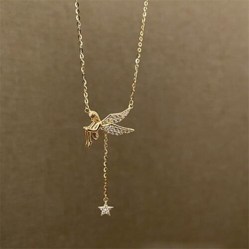 925 Sterling Silver Crystal Tassel Angel Star Charm Pendants Necklace For Women Statement Christmas Jewelry dz634