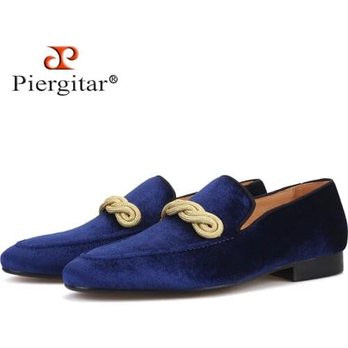 Piergitar 2019 top grade velvet handmade men loafers with gold rape designs wedding and party slip-on mens smoking slippers