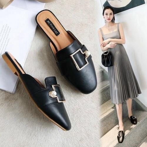 Women Slip On Casual Mules Shoes Brand Pearl Buckle Sandals Outside Slides Mules Female Slippers Shoes Women Big Size 35-41