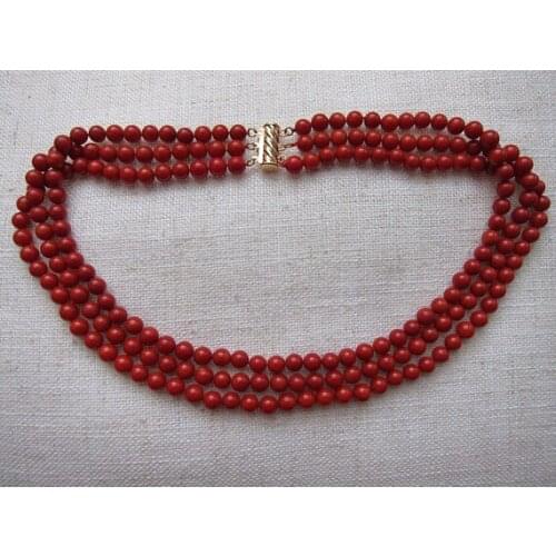 New Free Shipping 3 Rows 6mm Round Red Shell Pearl Necklace 16inches to 18inches Fashion Ladys Gift