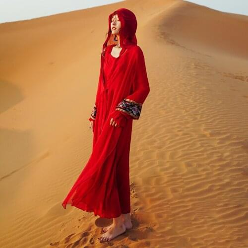Sun-Blocking Wrap Coat for Women Hooded long cardigan Boho Elegant Beach style Vacation Female Clothes Red