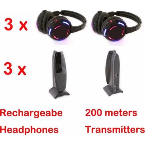 Professional Silent Disco 3 channels 3 LED Headphones with 3 transmitters- RF Wireless For iPod MP3 DJ Music