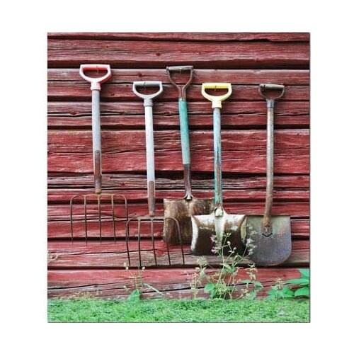 VinylBDS Photography Background Retro Wood Wall Green Meadow Rusty Shovel For Children Photo Studio Backdrop