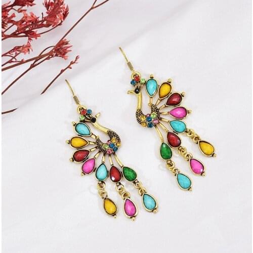 Boho Colorful Crystal Peacock Dangle Earrings for Women Exquisite Ethnic Tribal Hollow Long Drop Earrings Jewelry Dropshipping