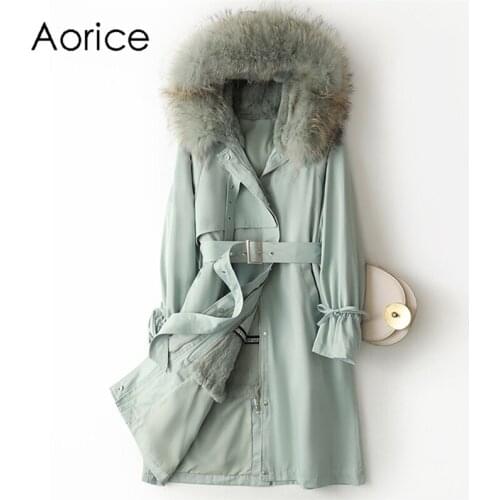 Aorice Women Real Fox Fur Collar Coat Jacket Female Rex Rabbit Liner Long Parka Trench A41646