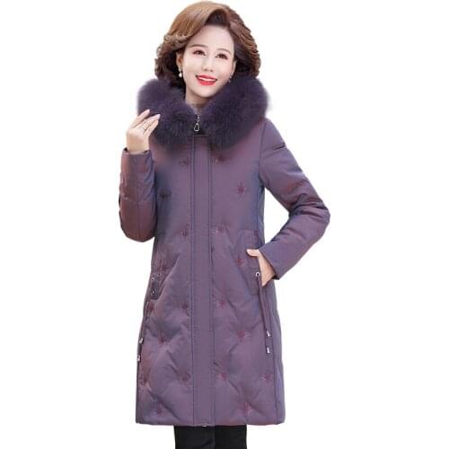 Mother White Duck Down Winter Warm Jacket Female Real Fur Collar Plus Size Hooded Parker Coat Woman Thick Long Down Jacket