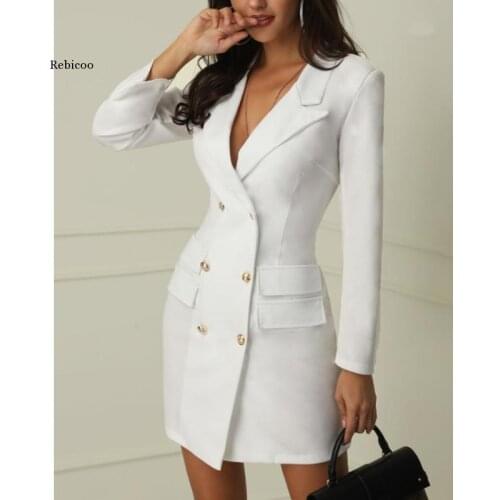 Women Casual Suits Elegant Double Breasted One Piece Dress Suit Office Lady Work Blazer Jacket Long Outwear Autumn Outfit Female