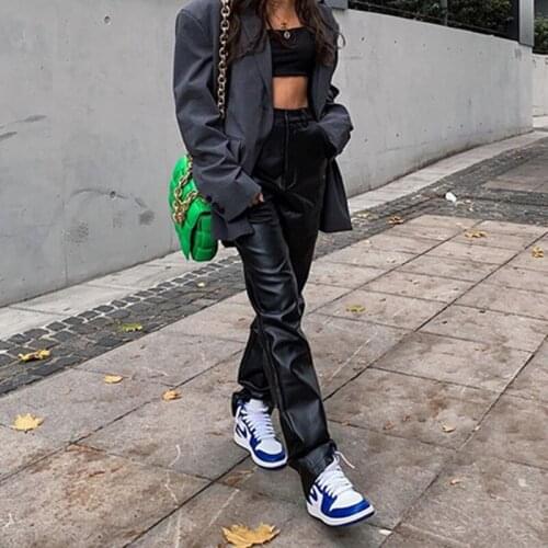 Faux PU Leather Pants Women Y2k Straight Pants Fashion Elegant Baggy Loose Pants Vintage Casual High Waist Trousers