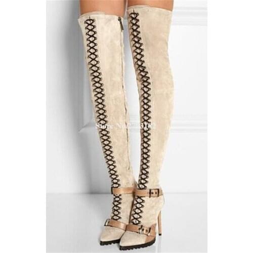 Women New Design Pointed Toe Straps Buckles Over Knee Thin Heel Boots Lace-up Slim High Heel Long Boots Club Shoes