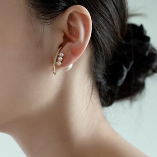 Golden Color Cubic Zircon Double Pearl Stud Earrings Two Wear Ways Women boucle d'oreille