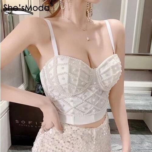 ShesModa Pearls Bralet Corselets Womens Party Wedding Bustier Bra Cropped Top Vest Plus Size